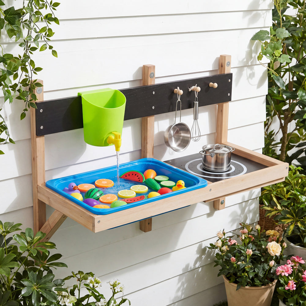Outdoor wall-mounted mud kitchen for kids with sink, stovetop, and water faucet for imaginative play and outdoor fun.