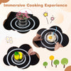 Outdoor wall-mounted mud kitchen for kids featuring a large sink, stovetop, and organized cooking accessories for.