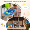 Outdoor wall-mounted mud kitchen for kids featuring a large water tank, stovetop, and 3 hanging hooks for organized.