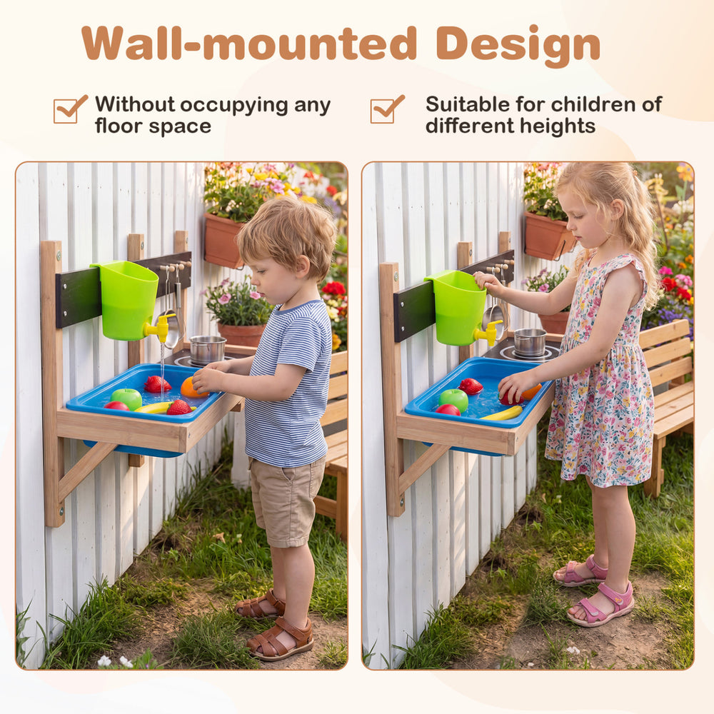 Outdoor wall-mounted mud kitchen for kids, featuring a large sink, water faucet, and organized cooking accessories.