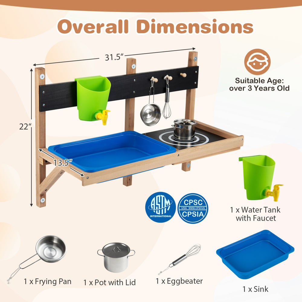 Outdoor wall-mounted mud kitchen for kids featuring a sink, water tank, and stovetop for imaginative play.