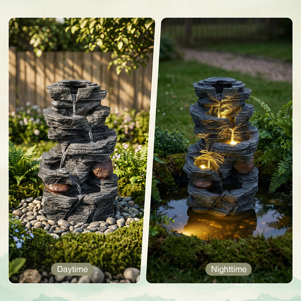 5-tier tabletop outdoor water fountain with LED lights, featuring a realistic stone gray finish and calming water flow.
