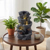 5-tier tabletop water fountain with LED lights, realistic stone gray finish, creates calming ambiance for indoor.