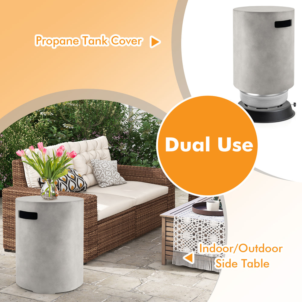 Outdoor weather-resistant tank hideaway table for standard 20 lbs propane gas tank, doubles as a side table for patios.