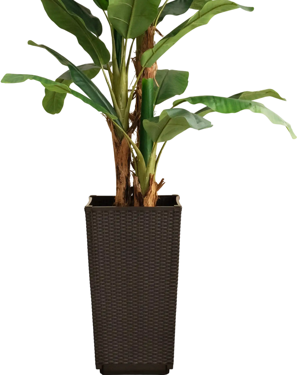 Wicker flower pot with drainage hole, brown PP material, ideal for indoor or outdoor plant arrangements.