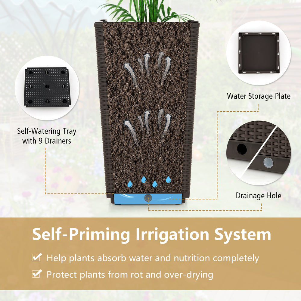 Brown wicker flower pot set of 2 with self-watering system and drainage hole, ideal for porch and balcony decoration.