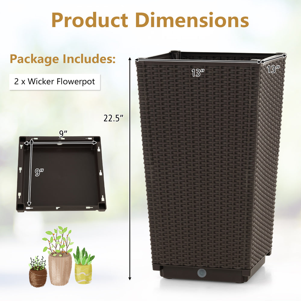 Wicker flower pot set of 2 in brown, featuring drainage holes and self-watering disk for outdoor porch or balcony use.