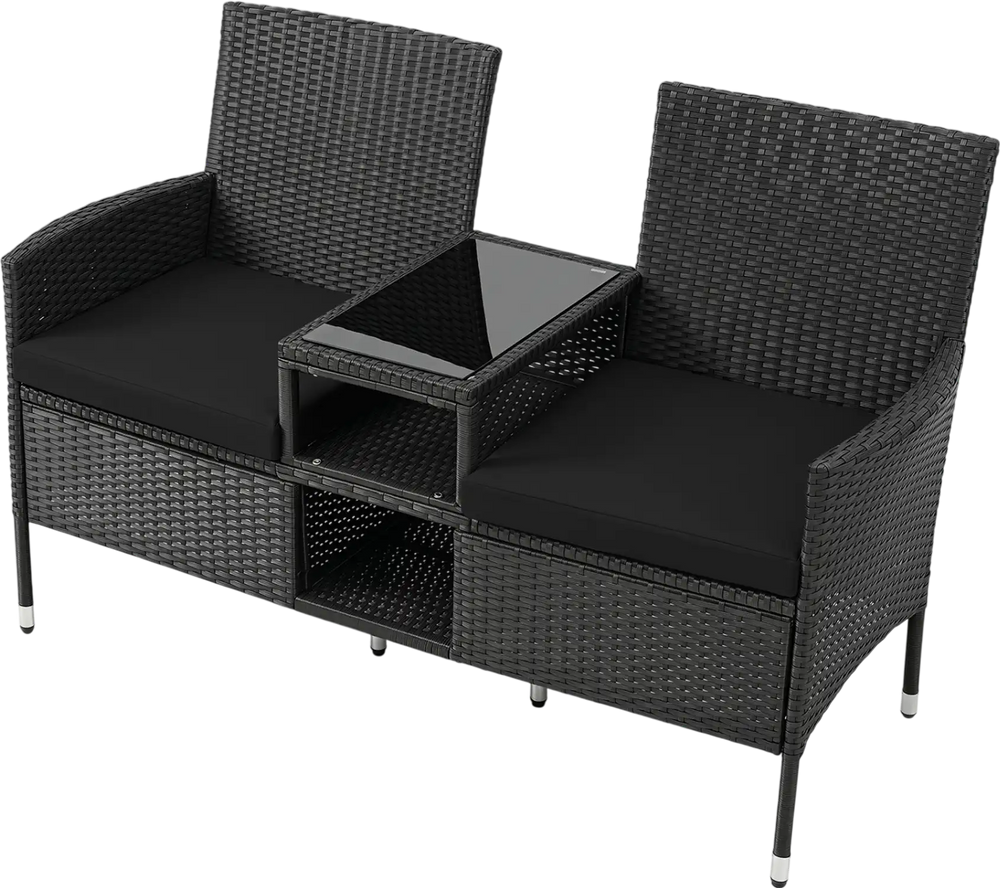 Outdoor wicker patio loveseat with built-in tempered glass side table and soft cushions for comfortable seating.