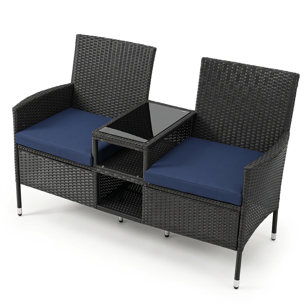 Outdoor Wicker Patio Loveseat with Built-in Glass Side Table-Navy - Gallery View 1 of 1