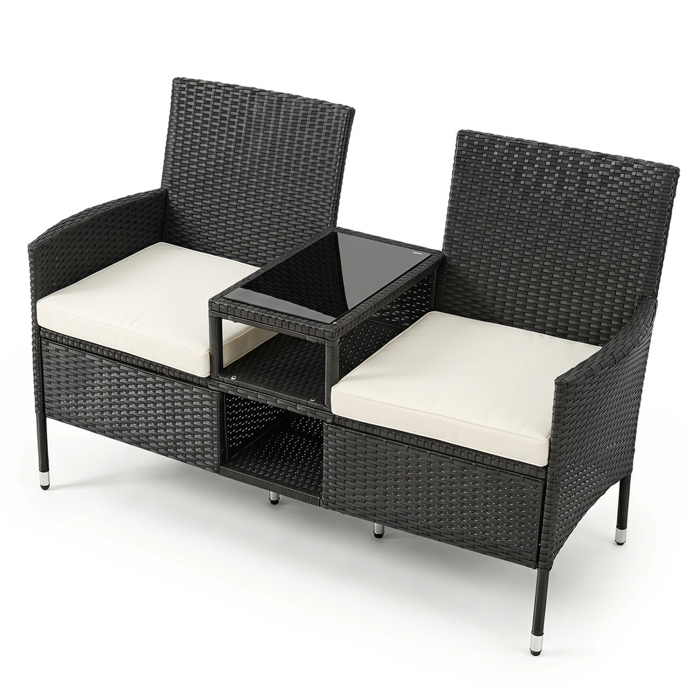 Outdoor Wicker Patio Loveseat with Built-in Glass Side Table-White - Gallery View 1 of 1