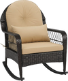Outdoor wicker rocking chair in brown with thick cushions, designed for comfort and stability, suitable for porch or patio.