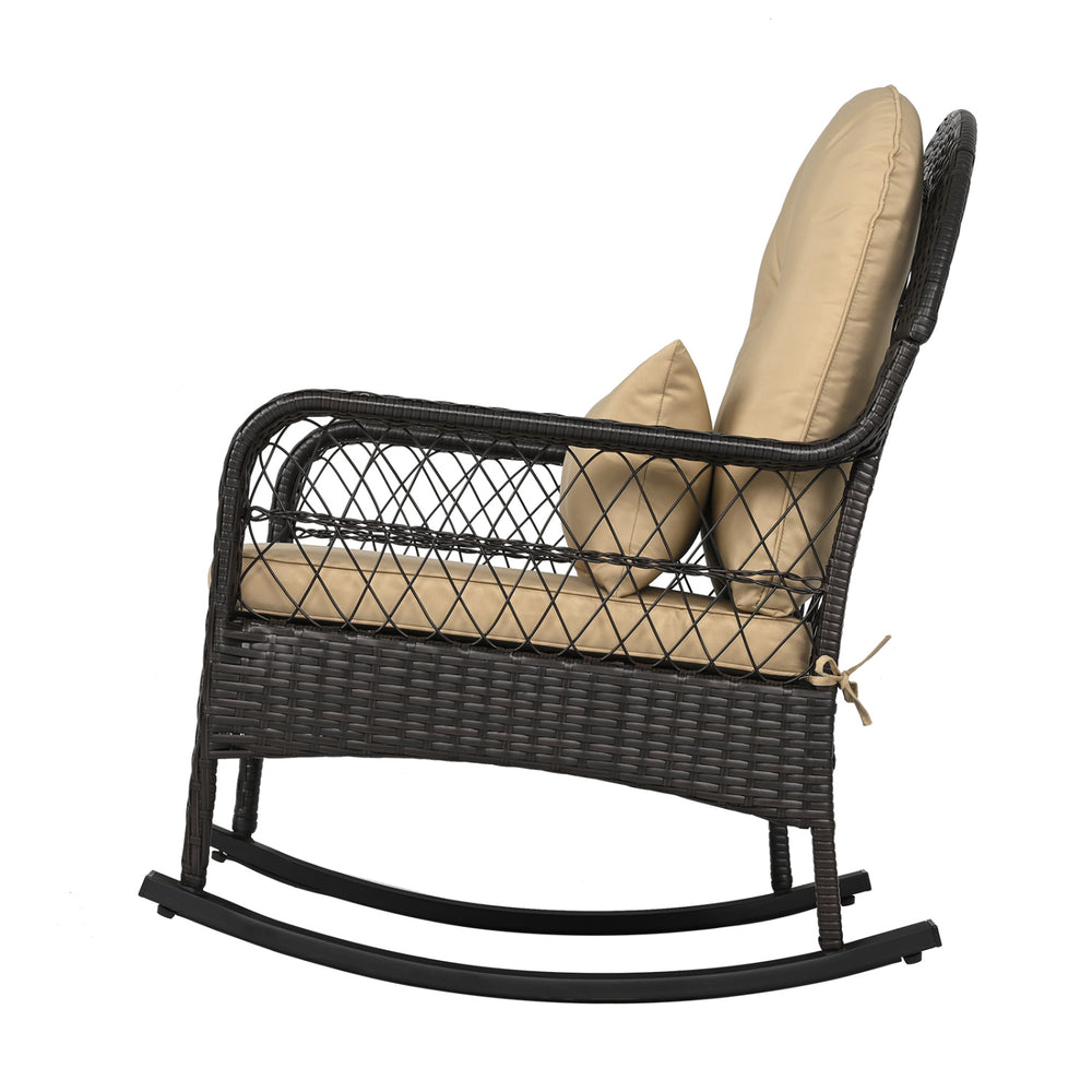 Brown outdoor wicker rocking chair with ergonomic cushions and anti-tip stoppers, perfect for porch or patio relaxation.