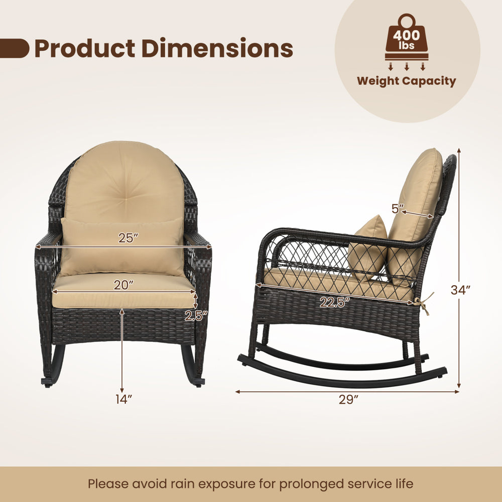 Outdoor wicker rocking chair in brown with 400 lbs capacity, featuring anti-tip stoppers and ergonomic cushions for comfort.