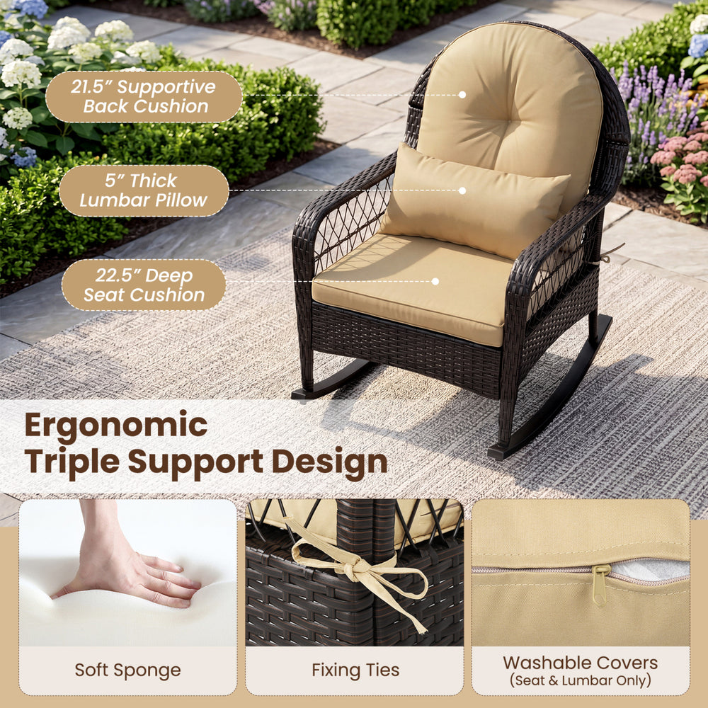 Outdoor wicker rocking chair with a 21.5" supportive back cushion and 22.5" deep seat cushion, perfect for patio relaxation.