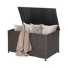 Outdoor wicker storage box with zippered liner, 133-gallon capacity, featuring a waterproof design and universal wheels.