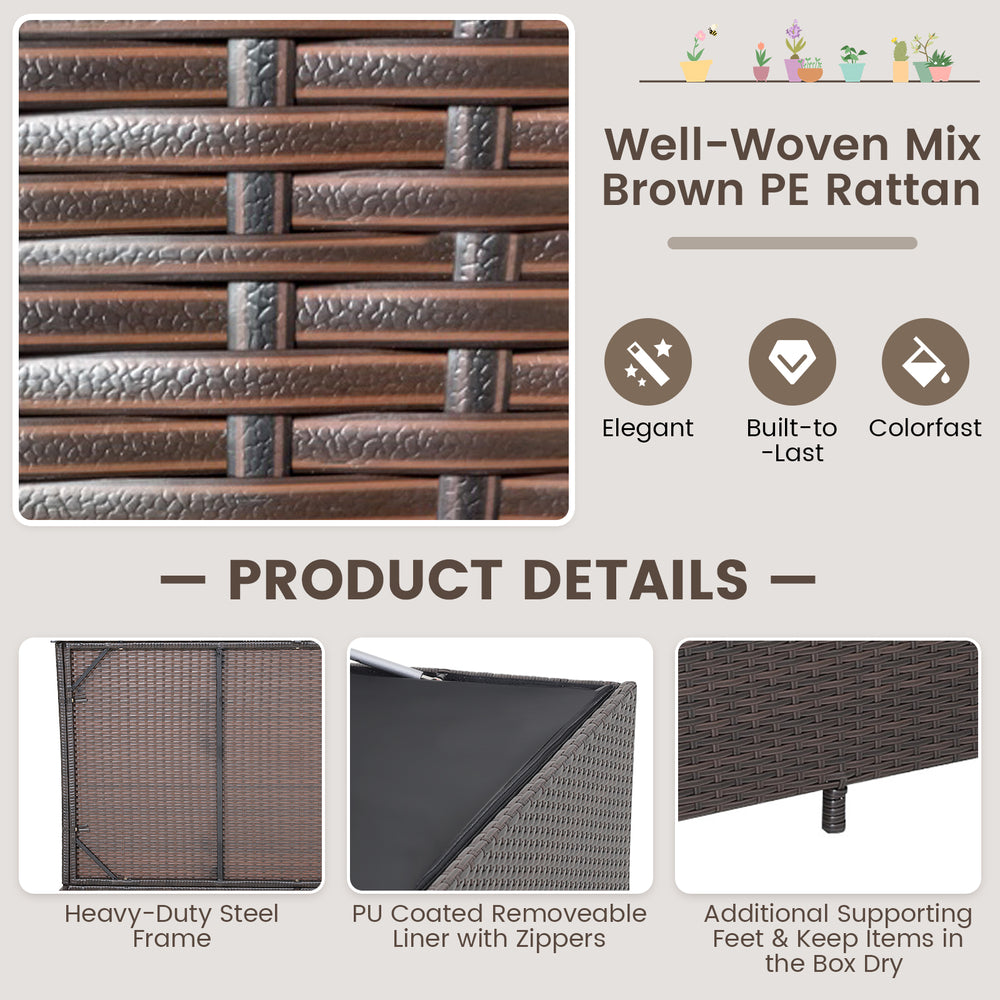 Outdoor wicker storage box in brown PE rattan with zippered liner, featuring a sturdy steel frame for patio use.