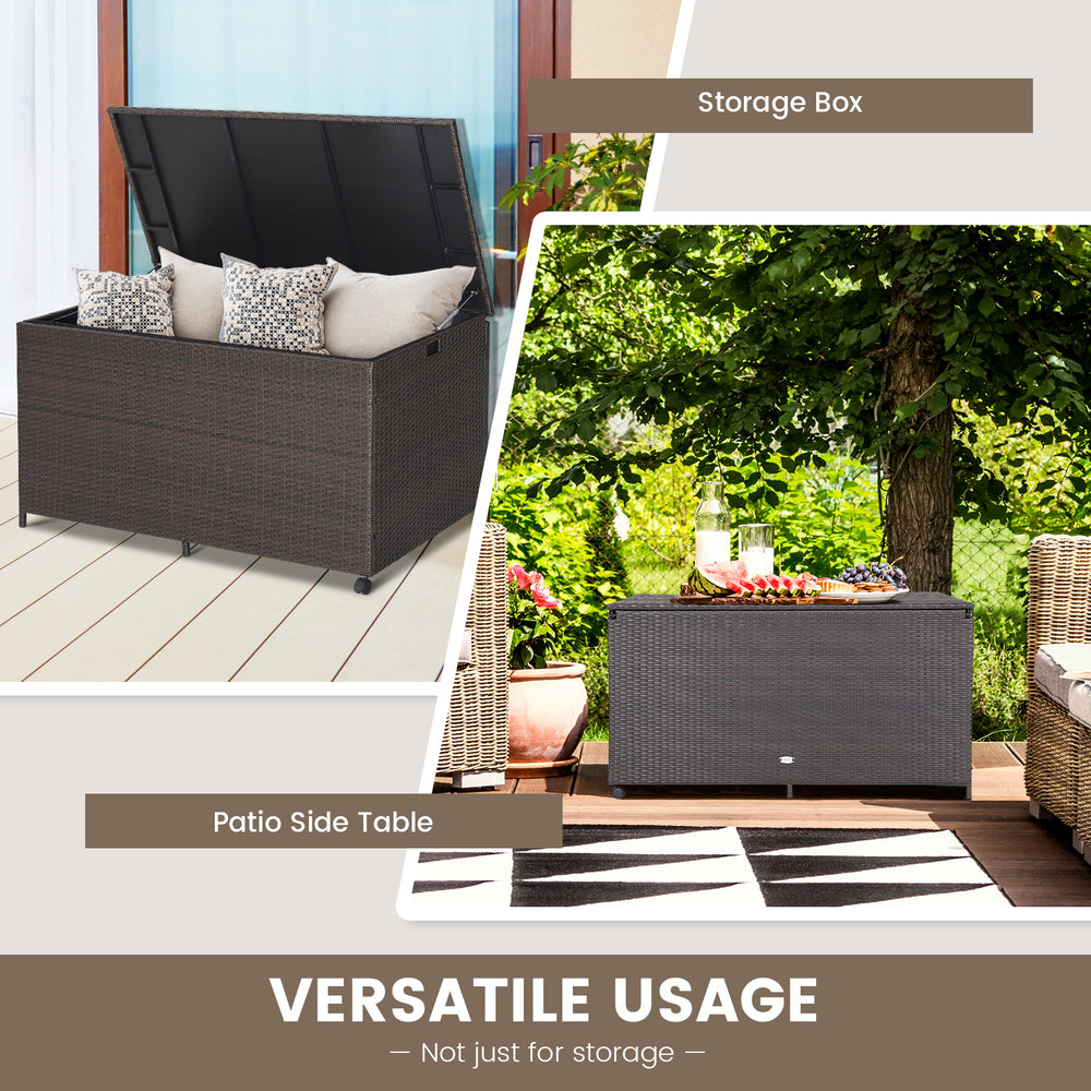 Outdoor wicker storage box with zippered liner, 133-gallon capacity, used as a patio side table for versatile outdoor.