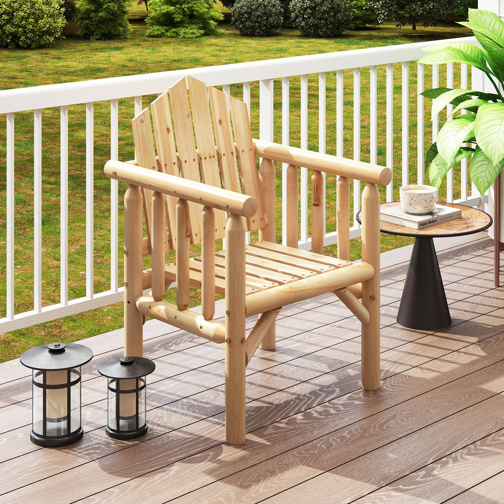 Natural wood armchair with high back and armrests, perfect for outdoor patio dining and relaxation.