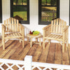 Two natural wood armchairs with a round table, perfect for outdoor relaxation on a patio or poolside.