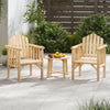 Natural wood armchairs with armrests and a round side table, perfect for outdoor patio relaxation and dining.