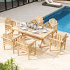 Outdoor wooden patio dining set featuring six armchairs and a table, perfect for poolside relaxation and dining.