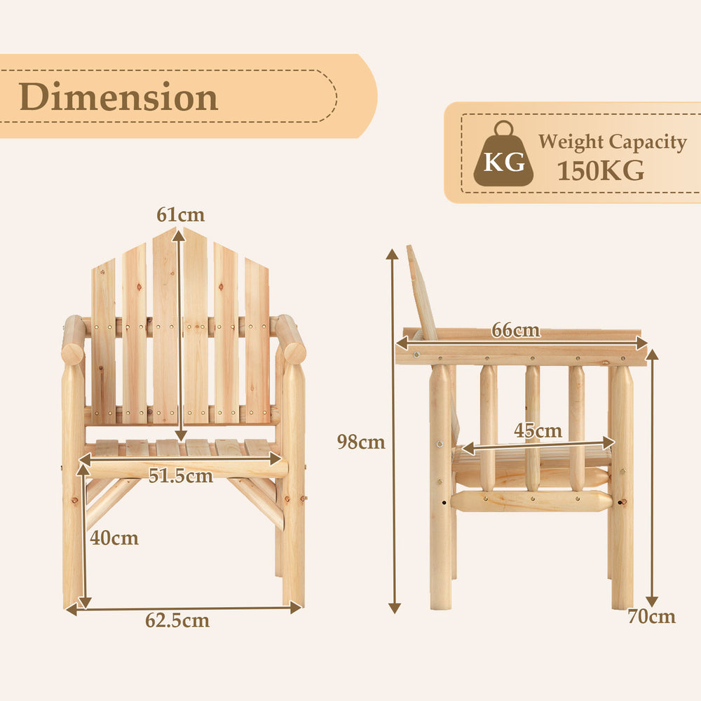 Natural wood armchair with armrests, high back, and reclined design, ideal for outdoor patio and poolside use.