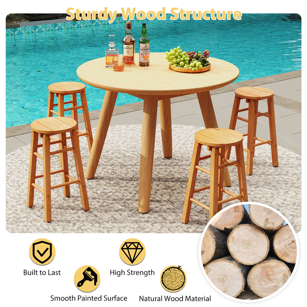 Round outdoor wood bar stools set of 2 with footrest, natural wood finish, ideal for patio or poolside relaxation.