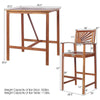 Outdoor bar table with two stools in natural wood color, featuring a slatted design for easy cleaning and ample seating.