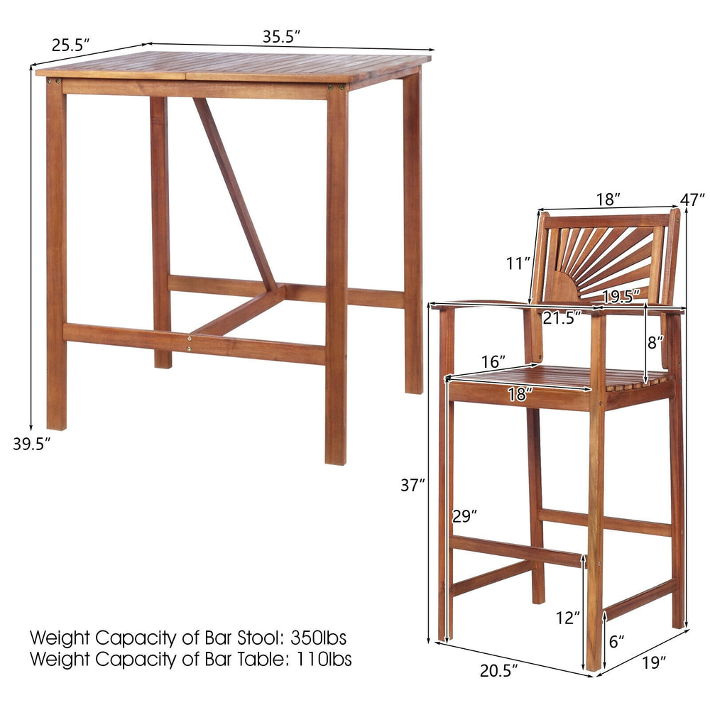 Outdoor bar table with two stools in natural wood color, featuring a slatted design for easy cleaning and ample seating.