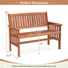 Outdoor wood garden bench dimensions showing slatted seat, backrest, and armrests for patio or garden use.