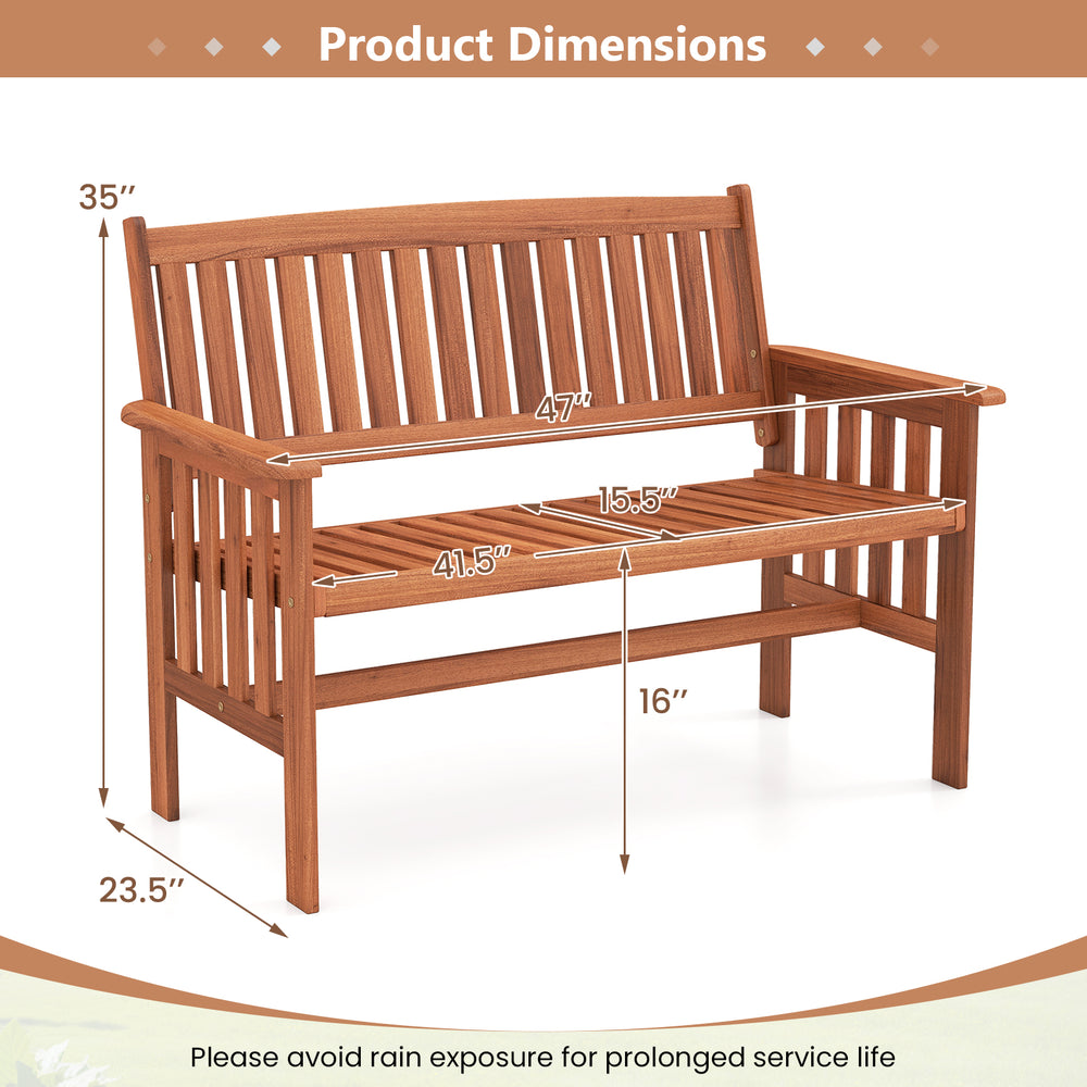 Outdoor wood garden bench dimensions showing slatted seat, backrest, and armrests for patio or garden use.