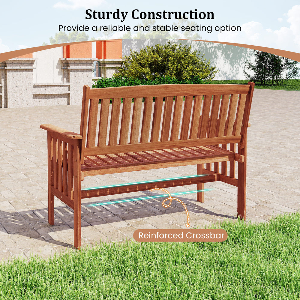 Outdoor wood garden bench with slatted seat, reinforced crossbar, and ergonomic design for patio or garden relaxation.
