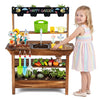 Outdoor wood mud kitchen with water faucet and planter for kids, featuring removable pots and ample storage for gardening fun.