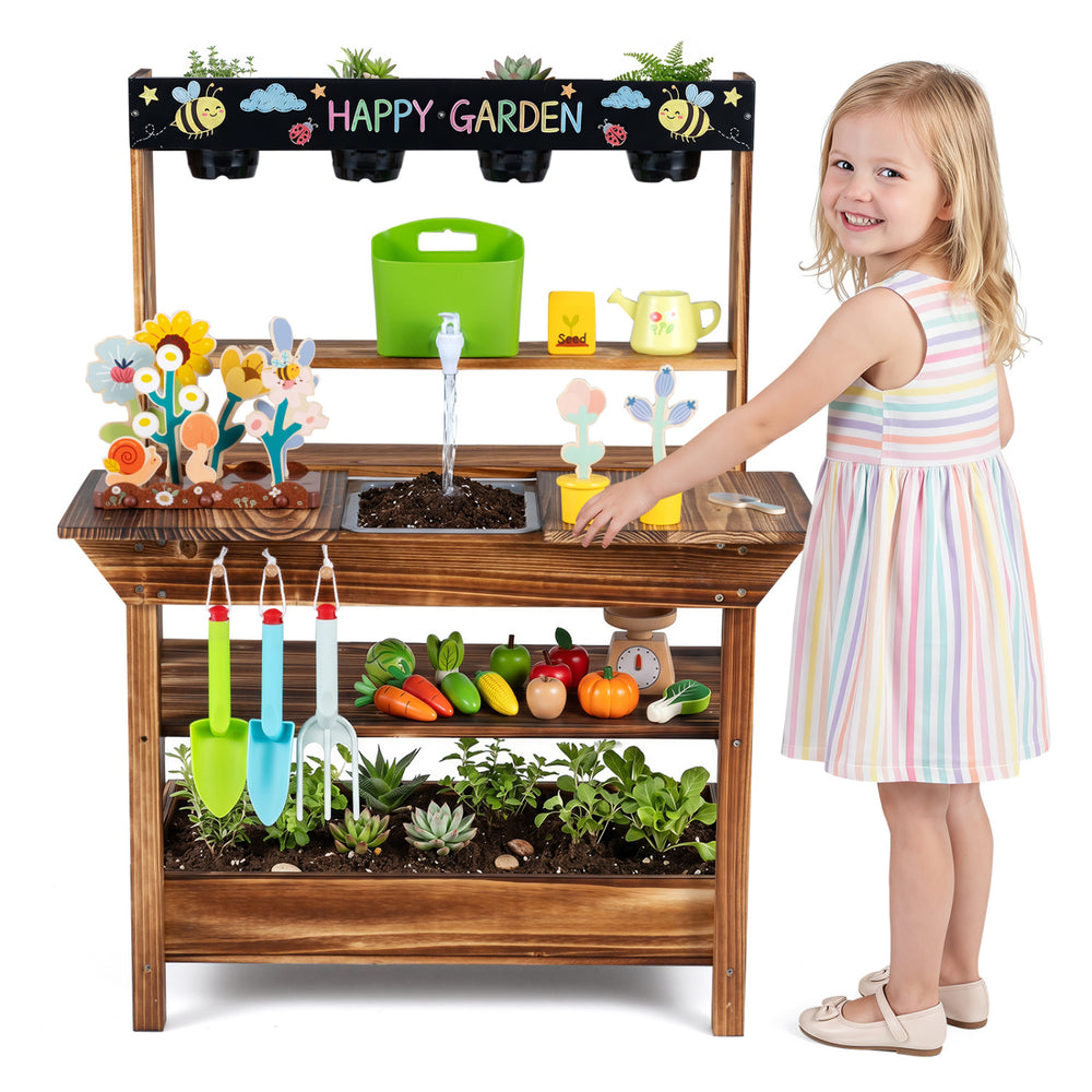 Outdoor wood mud kitchen with water faucet and planter for kids, featuring removable pots and ample storage for gardening fun.