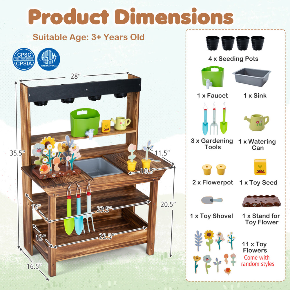 Outdoor wood mud kitchen for kids features a sink, planter, and gardening tools, perfect for creative outdoor play.