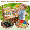 Outdoor wood mud kitchen with removable sink, water faucet, and planter for kids' gardening and creative play.