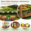 Outdoor wood mud kitchen with watering can and planter toys for kids, promoting gardening and hands-on creativity.