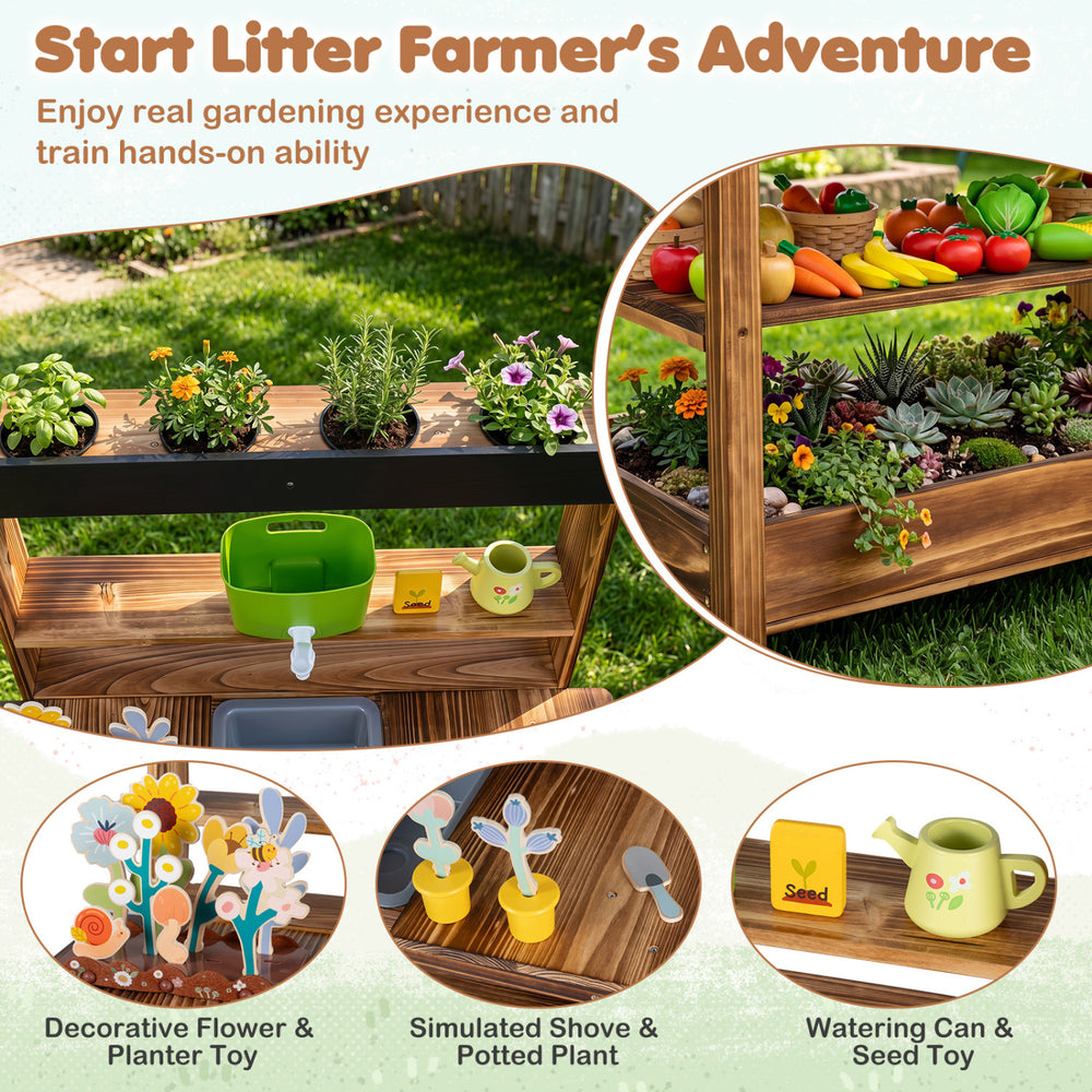 Outdoor wood mud kitchen with watering can and planter toys for kids, promoting gardening and hands-on creativity.