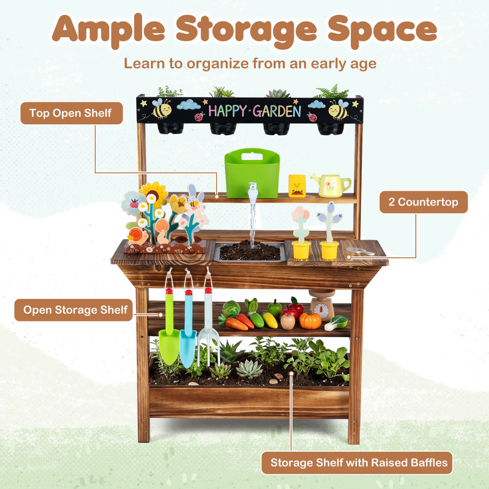 Outdoor wood mud kitchen for kids features a water faucet, planter, and ample storage for gardening tools and toys.