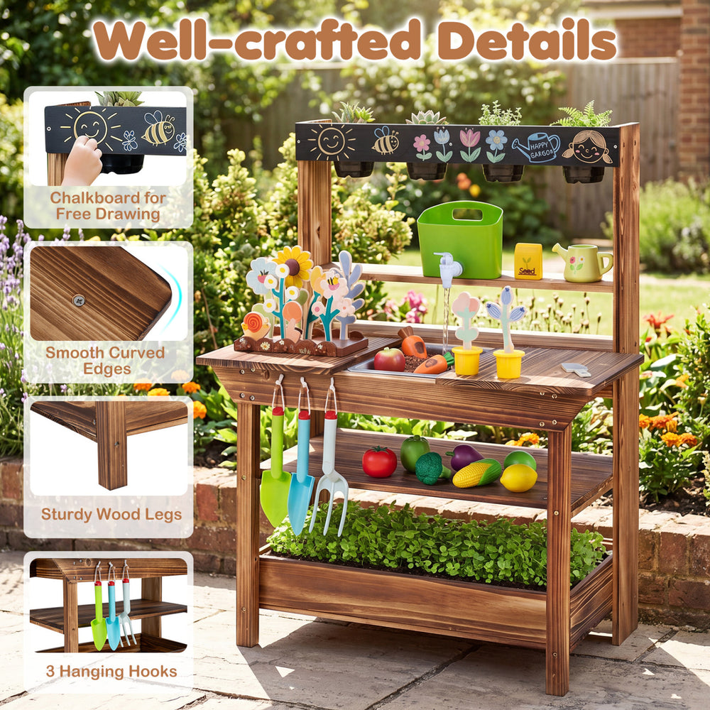 Outdoor wood mud kitchen for kids features a chalkboard, removable pots, and sturdy wood legs for creative gardening fun.