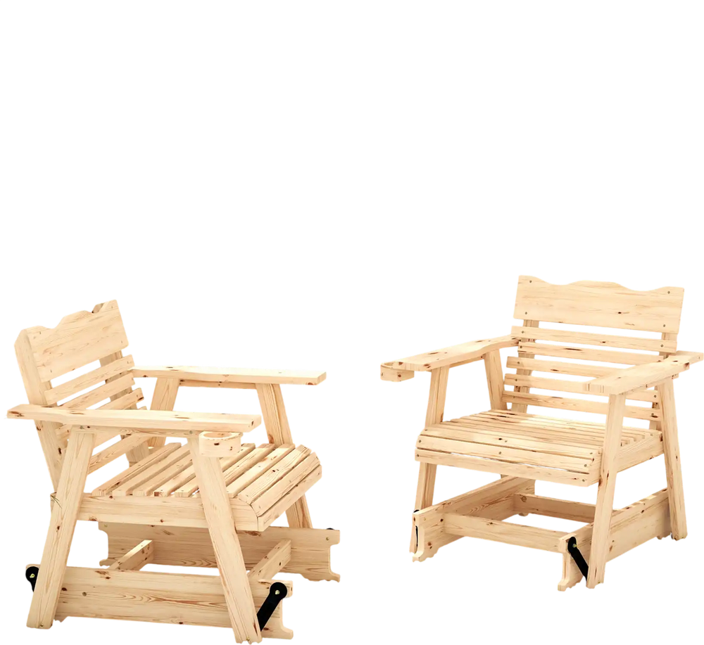 Two outdoor wood rocking chairs with high backs and widened armrests, made of fir wood, ideal for rustic home decor.