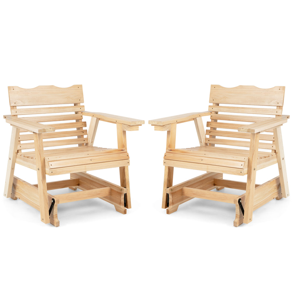 Two outdoor wood rocking chairs with high backs and widened armrests, made from premium fir wood for comfort and.