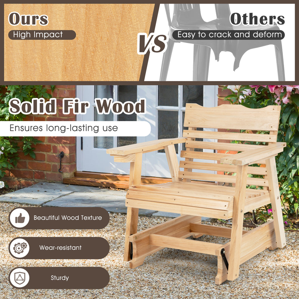 Outdoor wood rocking chair showcasing beautiful fir wood texture and sturdy construction for lasting comfort and style.