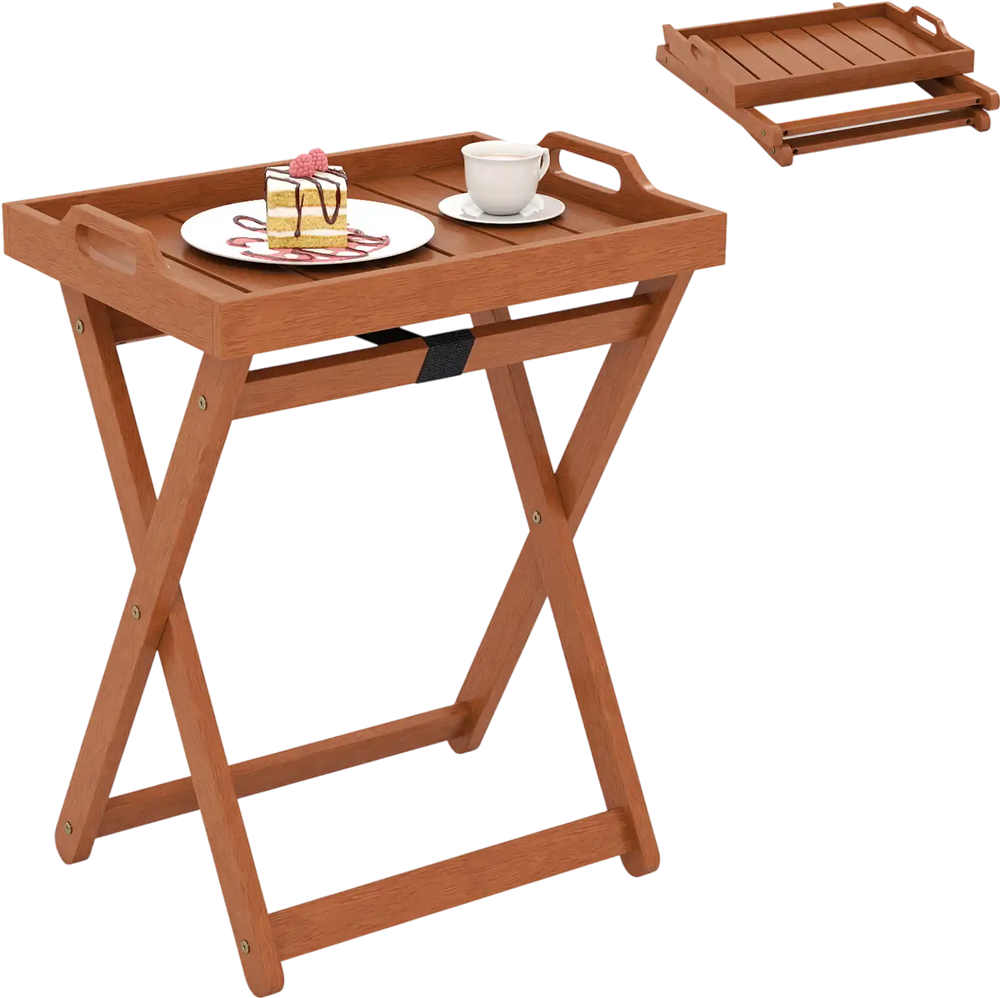 Outdoor Wood Tray Table Portable Side End Table with Folding Frame
