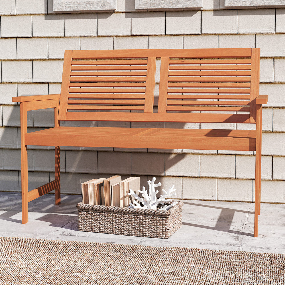 Two-person outdoor wooden bench with slatted backrest, perfect for patio or garden relaxation.