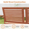 Close-up of the slatted backrest of the outdoor wooden bench, showcasing solid wood construction for reliable support.