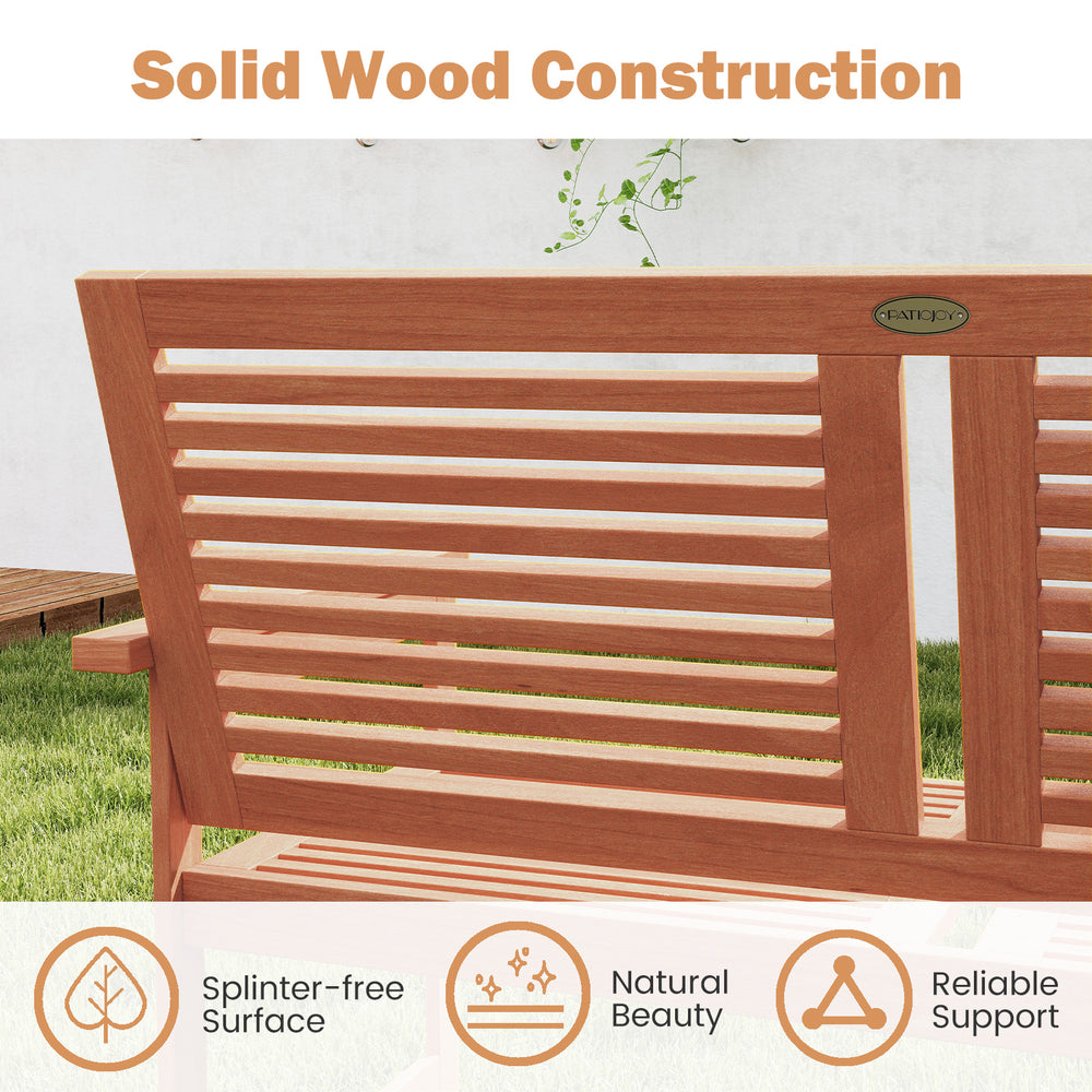 Close-up of the slatted backrest of the outdoor wooden bench, showcasing solid wood construction for reliable support.