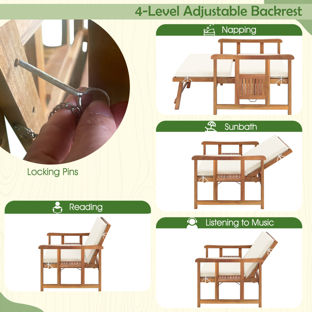 Adjustable backrest of outdoor wooden daybed with removable cushions, featuring acacia wood frame for durability.