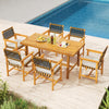 Outdoor wooden dining chair set with armrests and curved back, crafted from acacia wood for comfort and durability.