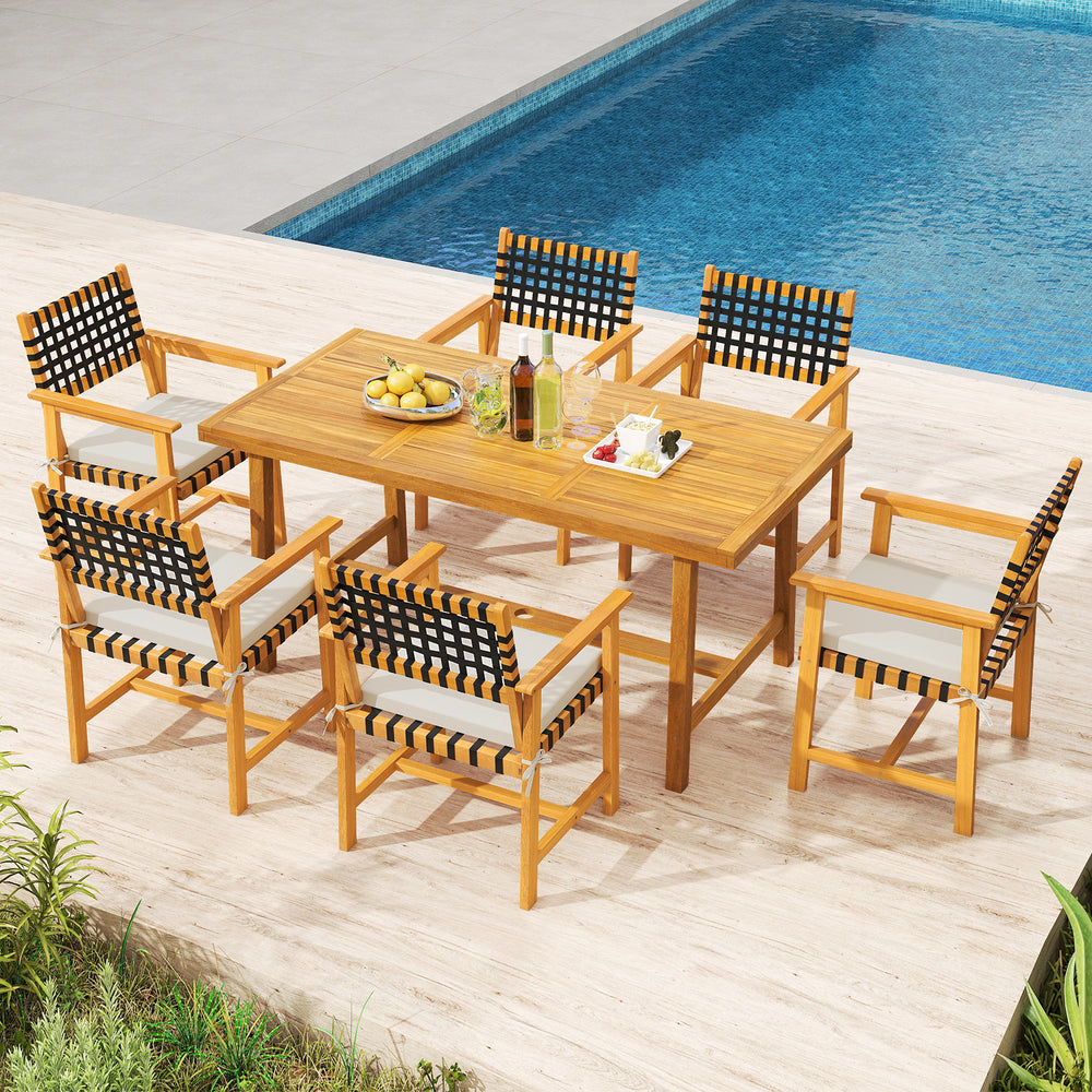 Outdoor wooden dining chair set with armrests and curved back, crafted from acacia wood for comfort and durability.